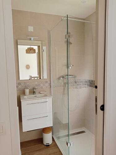 une salle de bain avec douche et lavabo dans l'établissement Golf Sauvignon 13, à Lacanau