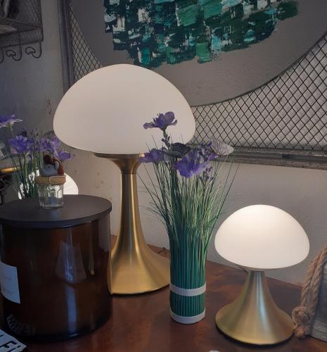 two lamps and a vase with flowers on a table at Ma Campagne - Le Jardin in Auberville