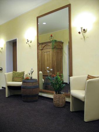 a room with two chairs and a large mirror at Hotel Winter in Schöppingen