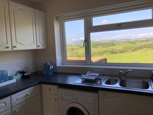 a kitchen with a window and a sink and a dishwasher at Welsh wonderland in Builth Wells