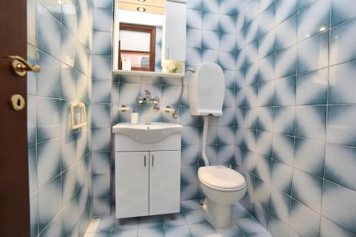 佩特羅瓦納莫魯的住宿－Vila Apartments Lidija，蓝色和白色的浴室设有卫生间和水槽