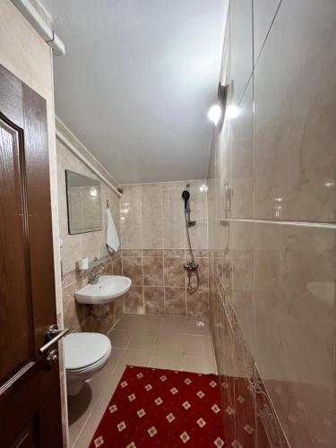 a bathroom with a shower and a toilet and a sink at TOPCU HOME in Akcaabat