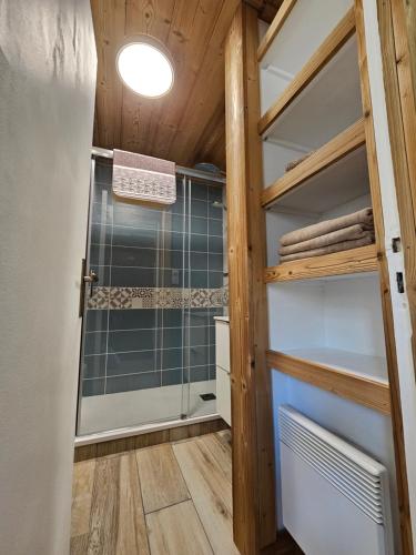 a walk in shower in a tiny house at LES BALCONS DU SOLEIL L OURSON in Font Romeu Odeillo Via