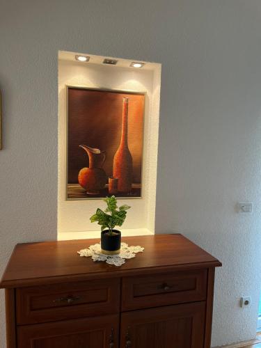 a cabinet with two vases and a picture on the wall at Luxury Apartment in Mladenovac