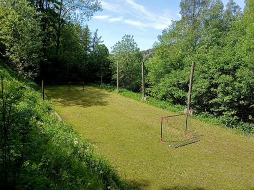 an open field with a goal in the grass at Penzion Lukáš in Malá Morávka