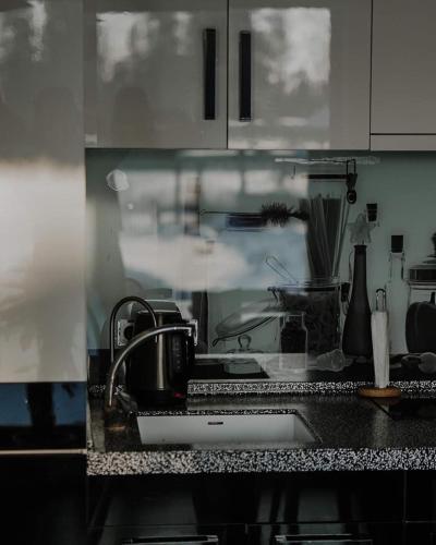 a kitchen counter with a sink and a stove at Rīti Siguldā in Stīveri