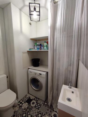 une salle de bain avec une machine à laver et un lavabo dans l'établissement Appartement en bord de Loire, à Saint-Jean-de-Braye