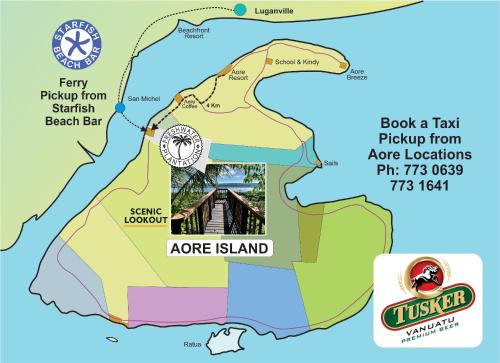 a map of theore island and the location of theore is island at Freshwater Plantation Farm Stay in Luganville