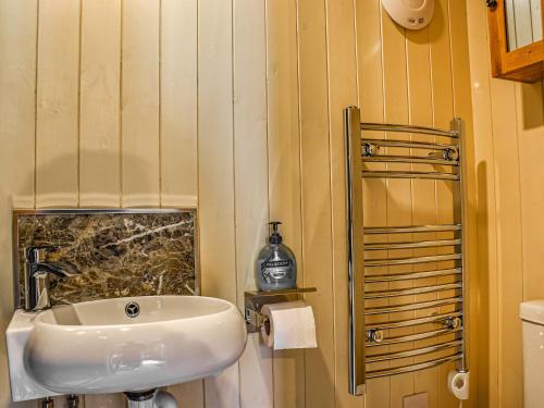 La salle de bains est pourvue d'un lavabo blanc et d'une étagère. dans l'établissement Bechan Brook Hut, à Bettws Cedewen