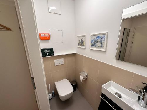 een badkamer met een toilet, een wastafel en een spiegel bij 2-Zimmer Wohnung in Oberlaa mit privatem Tiefgaragen Platz in Wenen
