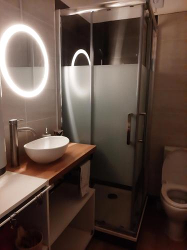 une salle de bain avec un lavabo, une douche et des toilettes dans l'établissement Studio mer Neuf Port la Nouvelle, à Port-la-Nouvelle
