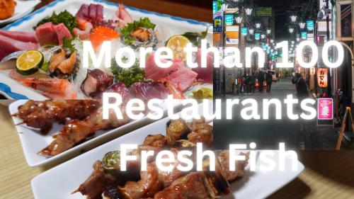 two plates of food on a table with words more than restaurants fresh fish at TSUKASA HOUSE English OK Kumano Kodo Experienced Lodge Within walking distance from station 無料駐車場あり in Tanabe