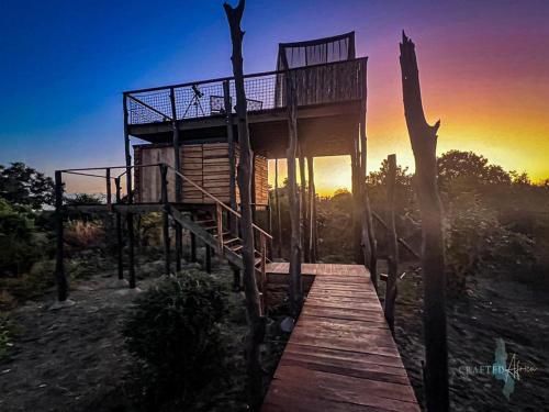 a tree house on a wooden boardwalk at sunset at Chikunto Safari Lodge in Kakumbi