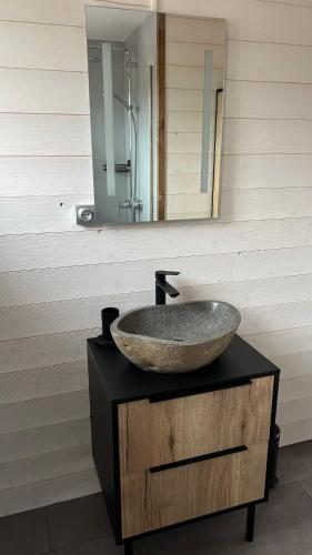 La salle de bains est pourvue d'un lavabo et d'un miroir au-dessus de la coiffeuse. dans l'établissement 