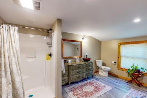 a bathroom with a shower and a sink and a toilet at Coos Canyon Lodge 