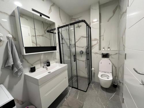 ein Badezimmer mit Dusche, Waschbecken und Toilette in der Unterkunft Olive center apartment in Trebinje