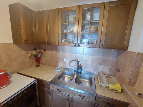 a kitchen with a sink and wooden cabinets at Milka Apartments in Njivice