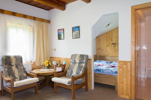 ein Schlafzimmer mit einem Tisch, Stühlen und einem Bett in der Unterkunft Penzion u Veselých in Pec pod Sněžkou