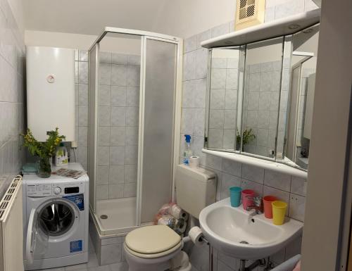 a bathroom with a sink and a washing machine at Apartment Regina, schnelles Internet in Knittelfeld