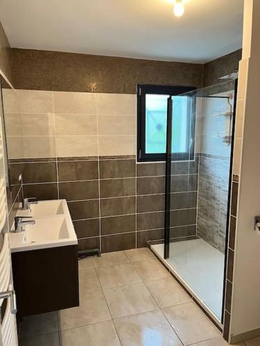 W łazience znajduje się prysznic i umywalka. w obiekcie Charmante petite maison au cœur de Valergues w mieście Valergues