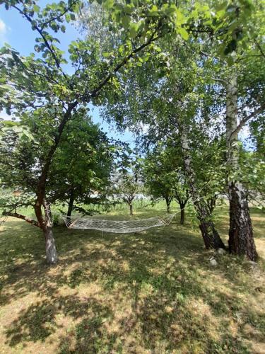 a hammock in the middle of a park with trees at Kremna Cottage in Kremna