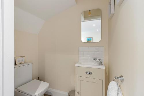 uma casa de banho com um WC, um lavatório e um espelho. em 1 Chapel Mews em Sidmouth