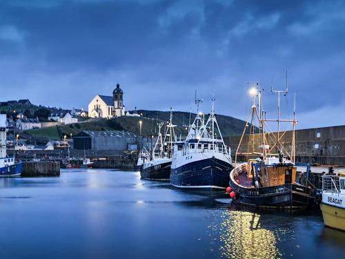 a group of boats docked in a harbor at Moray View, Macduff, Aberdeenshire. in Macduff