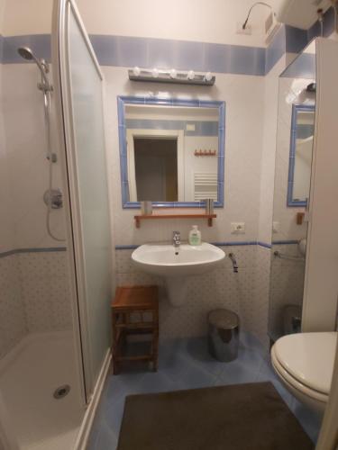 ein Bad mit einem Waschbecken, einer Dusche und einem WC in der Unterkunft ARGENTARIO PORTO ERCOLE Flat in Porto Ercole