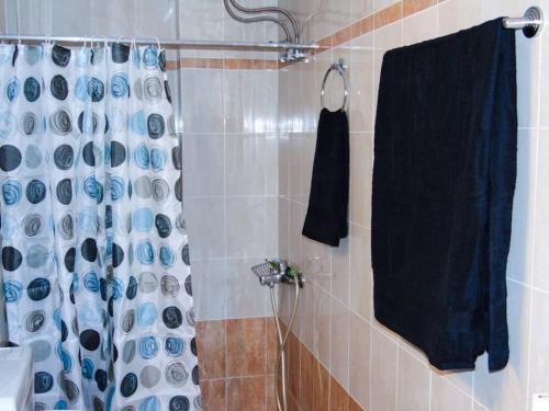 baño con ducha con cortina azul y blanca en Urban Stay, en Esparta