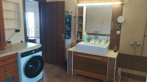 een badkamer met een wastafel en een wasmachine bij Sevasti Country House in Sevastí