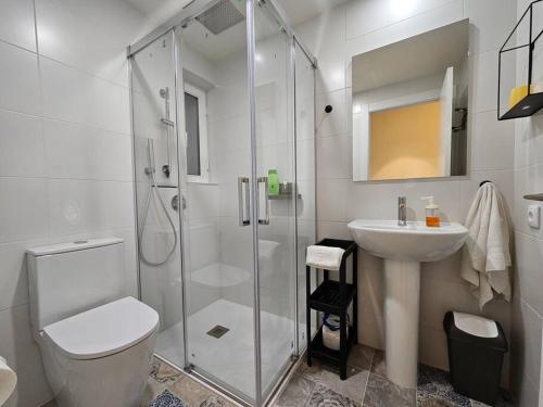 a bathroom with a shower and a toilet and a sink at 1A100 Moderno y acogedor in Gijón