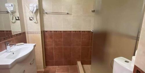 a bathroom with a sink and a toilet and a shower at The Hill in Veliko Tŭrnovo