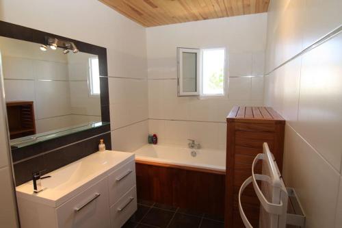 une salle de bain avec une baignoire et un lavabo et une baignoire dans l'établissement Grande villa neuve avec piscine près mer et Sète, à Balaruc-les-Bains