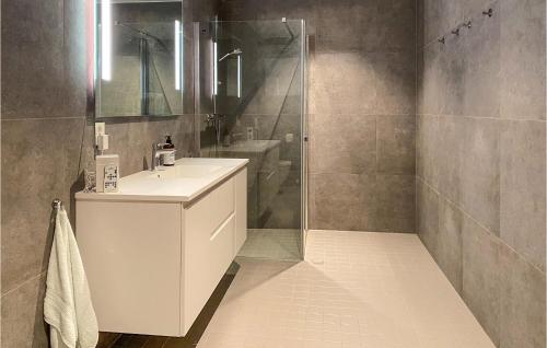 ein Badezimmer mit einem weißen Waschbecken und einer Dusche in der Unterkunft Amazing Apartment In lesund With Kitchen in Ålesund
