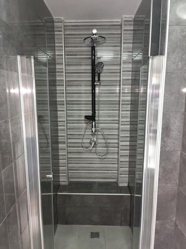 een douche met een glazen deur in de badkamer bij המקום ברותם in Nahariyya