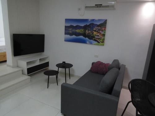 sala de estar con sofá y TV de pantalla plana en המקום ברותם, en Nahariyya