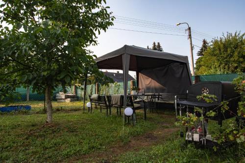 a tent with a table and chairs in a yard at Wellness Apartmány Vila Republika in Velké Losiny