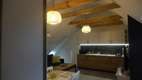 a kitchen with wooden cabinets and two lights at Widokowy 2 in Sandomierz