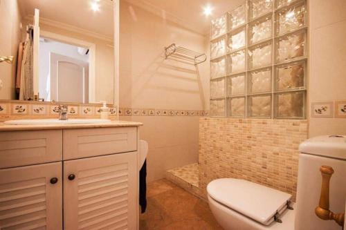 y baño con aseo, lavabo y ducha. en Apartamento + parking en el centro de Cartagena en Cartagena