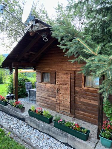 a wooden house with plants in front of it at Ferienhaus_natikrausz in Sankt Martin