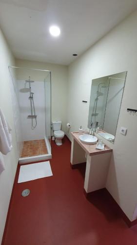 a bathroom with two sinks and a toilet and a mirror at Quinta do Passal in Arega