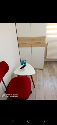 a room with a table and a red chair and a table at Guest House Ahmo Halilcevic in Dubrave Gornje