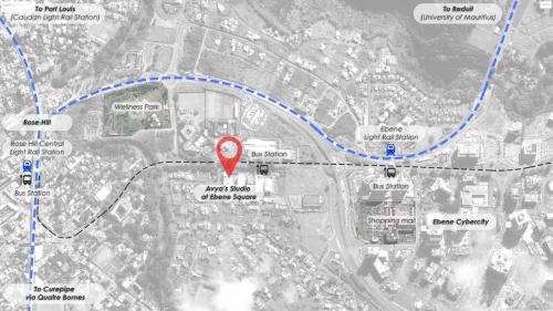 a map of a freeway with a red marker at Avya's Studio 113 at Ebene Square, Ebene in Ebene