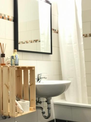 a bathroom with a sink and a mirror at Charmantes Loft mit Balkon in Magdeburg