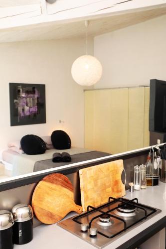 a kitchen with a stove and a bed in the background at Apres La Sieste in Saint-Laurent-des-Arbres