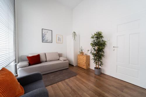 ein Wohnzimmer mit einem Sofa und einer Pflanze in der Unterkunft Oławska - City Centre - 3 Rooms - 200m to Market Square in Breslau
