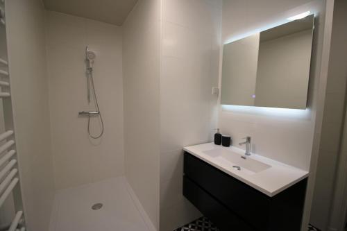 a white bathroom with a sink and a mirror at Spacious apartment in listed building in Vianen