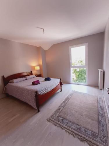 - une chambre avec un lit, une fenêtre et un tapis dans l'établissement 15mn grenoble-30mn vercors wifi gratuit-6personnes vue vercors, à Fontanil-Cornillon