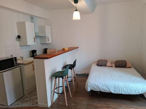 - une petite cuisine avec un petit lit et un comptoir dans l'établissement La garçonnière de Gégé, à Tournus