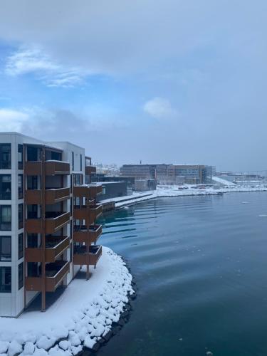 a building next to a body of water with snow at Seaside panorama in Tromsø